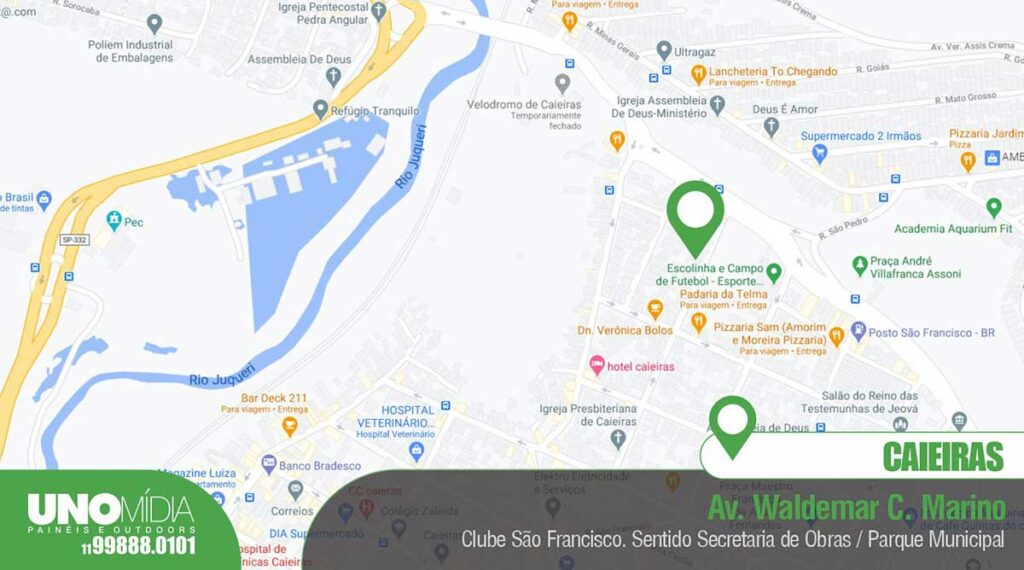 Mapa mostrando a localização do outdoor da Unomídia em Caieiras, na Av. Waldemar C. Marino, próximo à Secretaria de Obras e ao Parque Municipal.