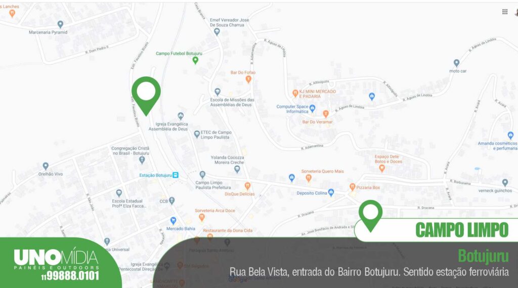 Mapa Outdoor da Unomídia em Campo Limpo Paulista, localizado na Rua Bela Vista, entrada do Bairro Botujuru, sentido estação ferroviária.
