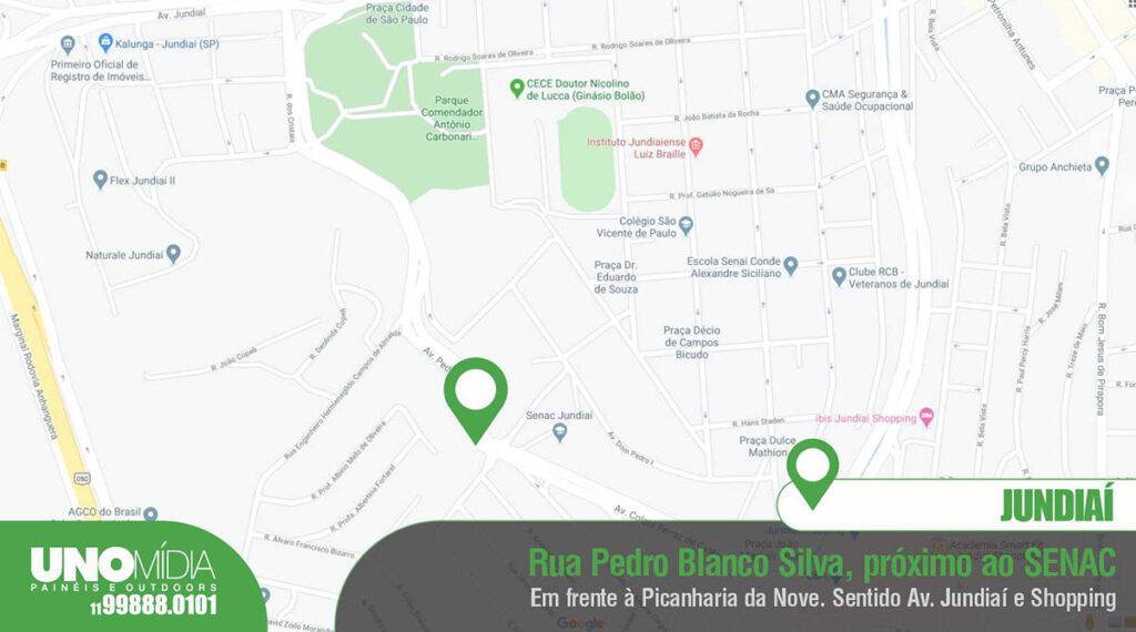 Outdoor localizado na Rua Pedro Blanco Silva, em frente à Picanharia da Nove, próximo ao SENAC, sentido Avenida Jundiaí e Shopping.