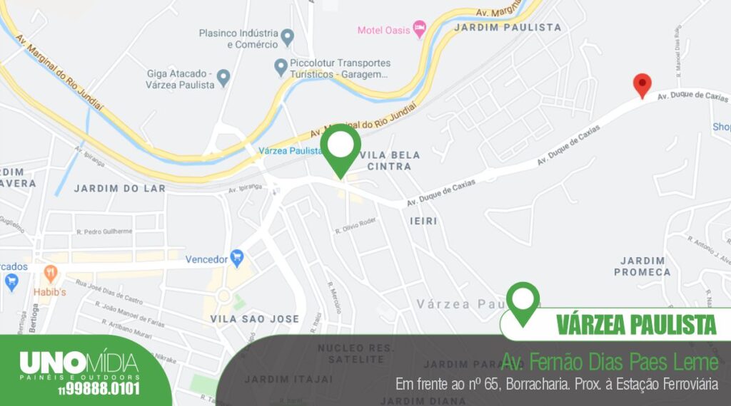 Outdoor da Unomídia em Várzea Paulista, na Av. Fernão Dias Paes Leme, em frente ao nº 65, próximo à estação ferroviária.