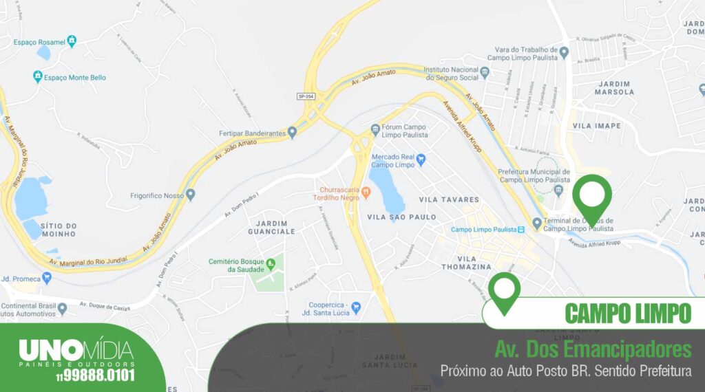 Mapa Outdoor da Unomídia em Campo Limpo Paulista, localizado na Avenida dos Emancipadores, próximo ao Auto Posto BR, sentido Prefeitura.