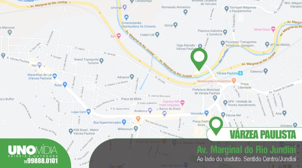 Mapa Outdoor da Unomídia em Várzea Paulista, localizado na Av. Marginal do Rio Jundiaí, ao lado do viaduto, sentido Centro/Jundiaí.