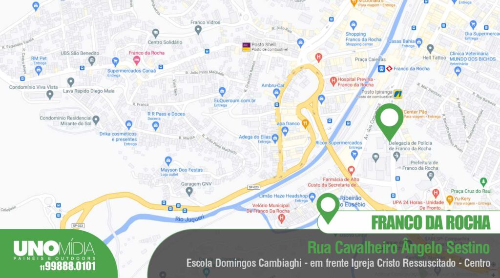 Outdoor da Unomídia em Franco da Rocha, localizado na Rua Cavalheiro Ângelo Sestino, em frente à Escola Domingos Cambiaghi e à Igreja Cristo Ressuscitado, no centro da cidade.