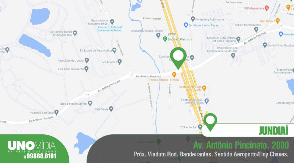 Outdoor localizado na Avenida Antônio Pincinato, nº 2000, em Jundiaí, próximo ao viaduto da Rodovia dos Bandeirantes, sentido Aeroporto/Eloy Chaves.