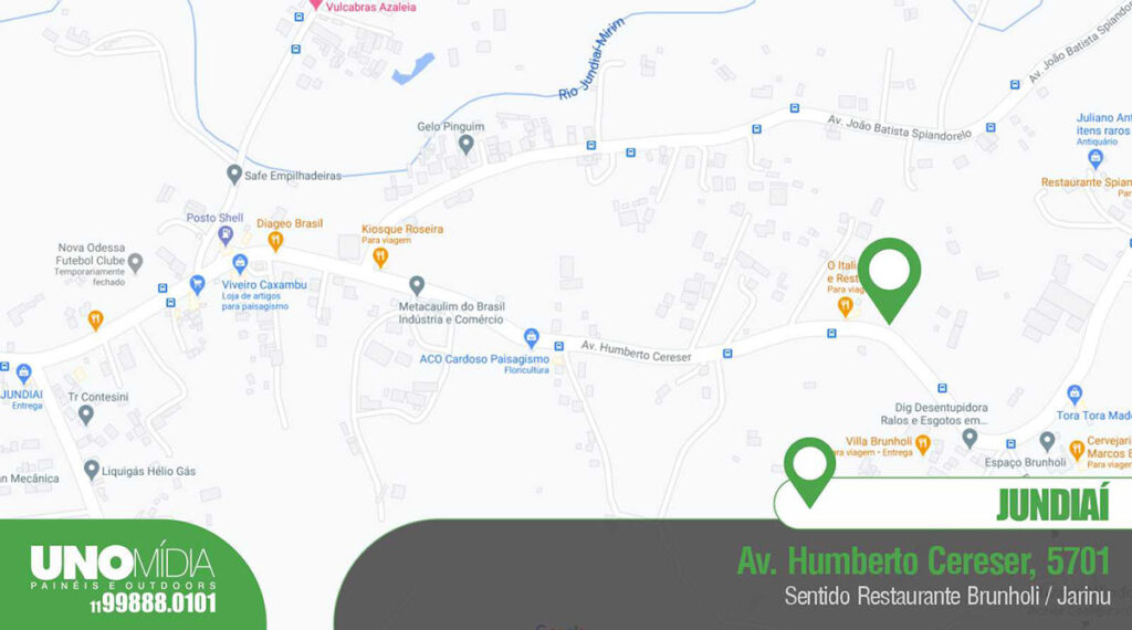 Outdoor localizado na Avenida Humberto Cereser, nº 5701, em Jundiaí, no sentido Restaurante Brunholi e Jarinu.