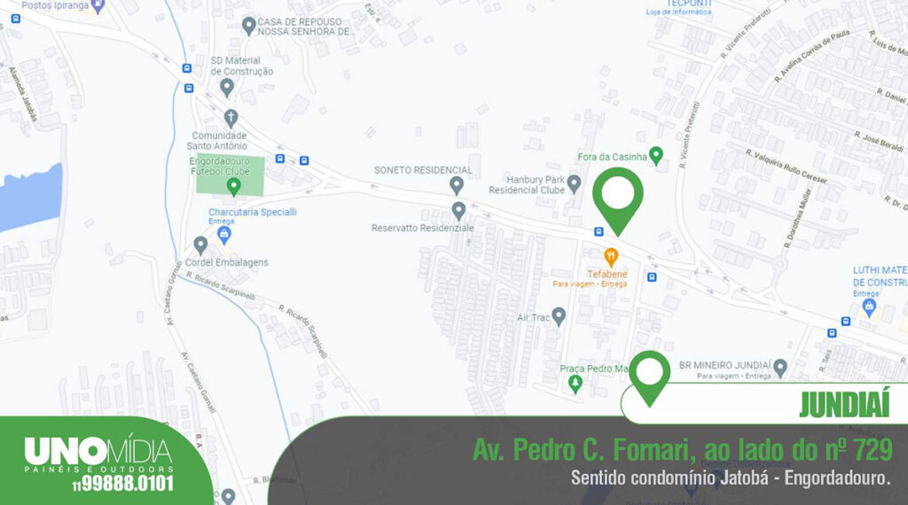 Mapa Outdoor localizado na Avenida Pedro C. Fornari, ao lado do número 729, em Jundiaí, no sentido do condomínio Jatobá e bairro Engordadouro.