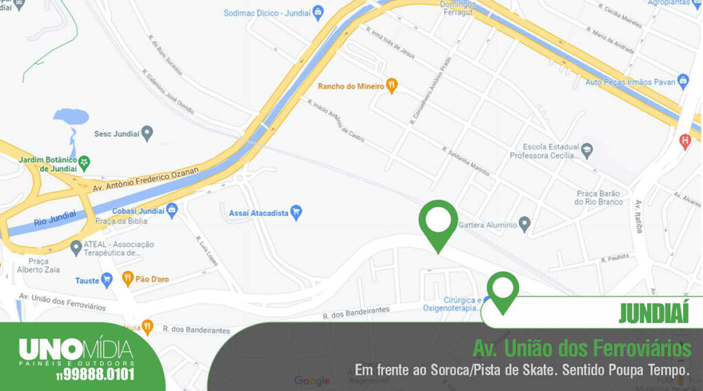 Mapa Outdoor localizado na Avenida União dos Ferroviários, em frente ao Soroca e à Pista de Skate, sentido Poupa Tempo, em Jundiaí.