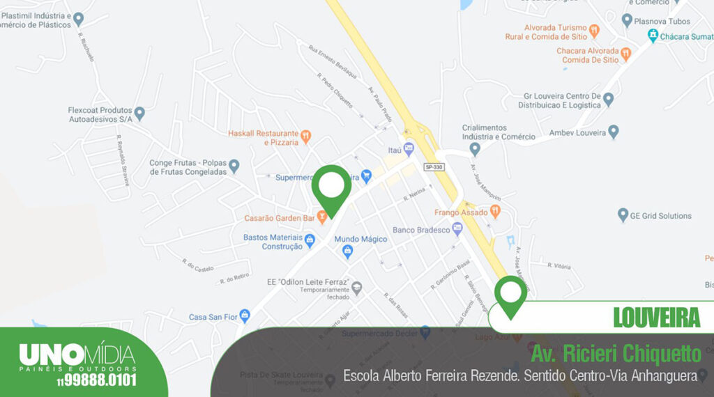 Mapa da Unomídia em Louveira, localizado na Av. Ricieri Chiquetto, em frente à Escola Alberto Ferreira Rezende, sentido Centro–Via Anhanguera.