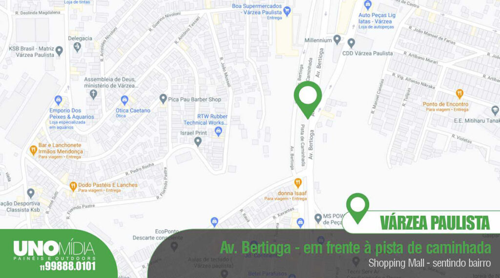 Outdoor da Unomídia em Várzea Paulista, localizado na Avenida Bertioga, em frente à pista de caminhada, próximo ao Shopping Mall, sentido bairro.