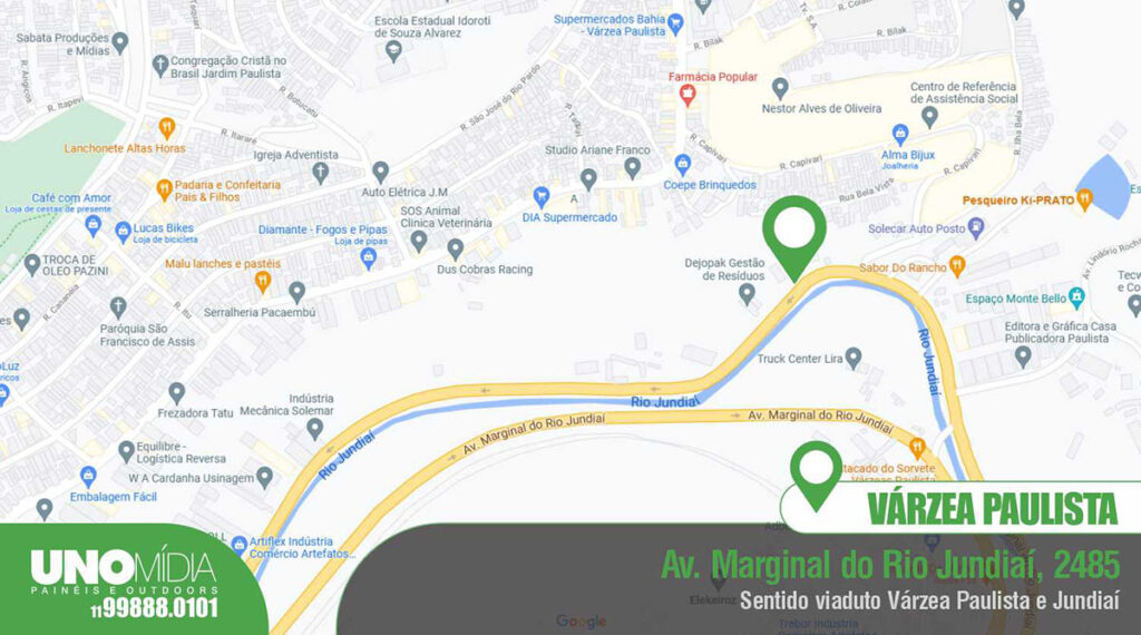 Mapa Outdoor da Unomídia em Várzea Paulista, localizado na Avenida Marginal do Rio Jundiaí, nº 2485, sentido viaduto de Várzea Paulista e Jundiaí.