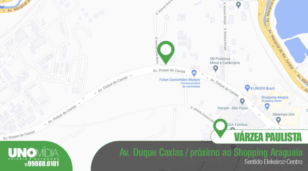 Outdoor da Unomídia em Várzea Paulista, localizado na Avenida Duque de Caxias, próximo ao Shopping Araguaia, sentido Elekeiroz–Centro.