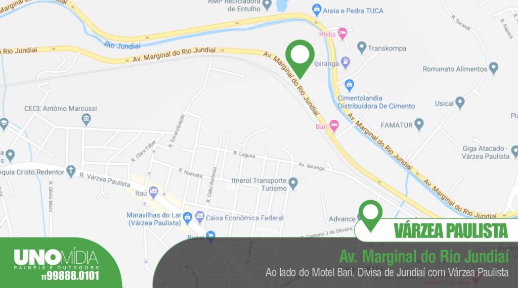 Mapa Outdoor da Unomídia em Várzea Paulista, localizado na Avenida Marginal do Rio Jundiaí, ao lado do Motel Bari, na divisa com Jundiaí.