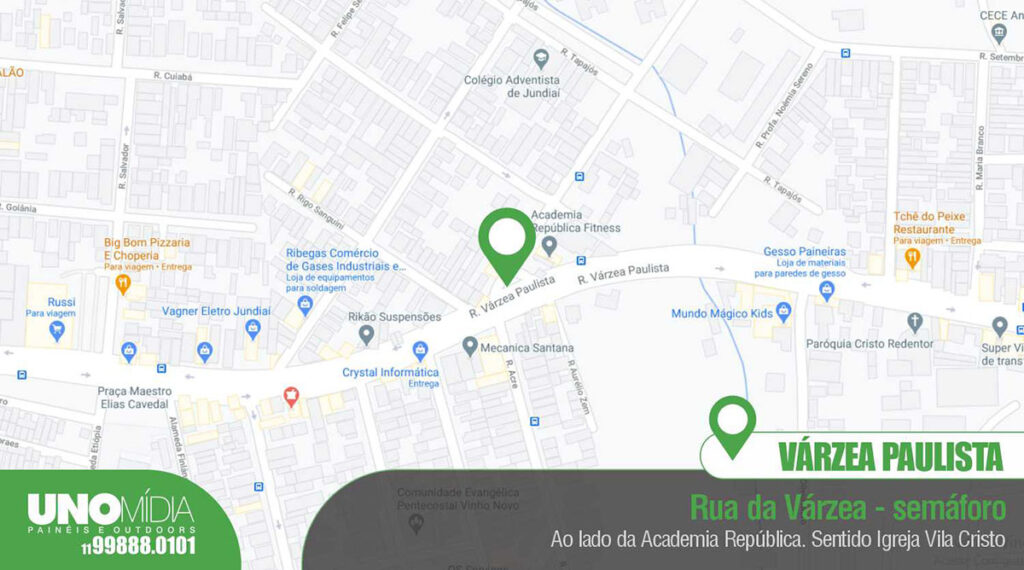 Outdoor da Unomídia em Várzea Paulista, localizado na Rua da Várzea, ao lado da Academia República, próximo ao semáforo, sentido Igreja Vila Cristo