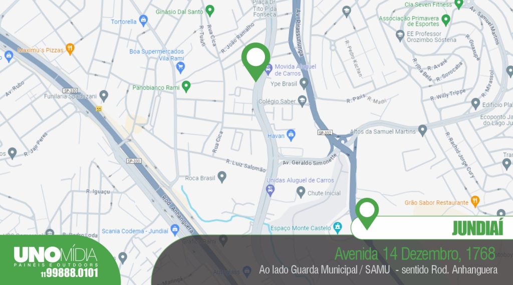 Outdoor localizado Avenida 14 Dezembro, 1768. Ao lado da Guarda Municipal de Jundiaí / SAMU - sentido Rod. Anhanguera, com alto fluxo de veículos.