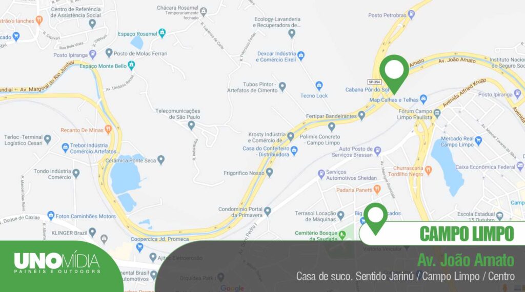 Mapa Outdoor da Unomídia em Campo Limpo, localizado na Av. João Amato, próximo à Casa de Suco, sentido Jarinu / Campo Limpo / Centro.