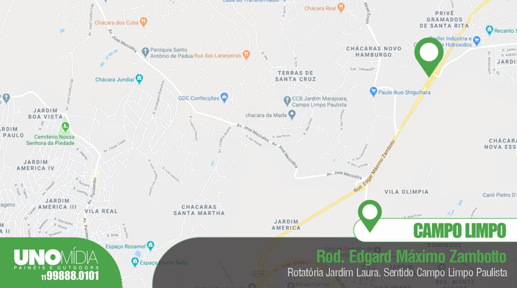 Mapa Outdoor da Unomídia em Campo Limpo Paulista, localizado na Rodovia Edgard Máximo Zambotto, na rotatória do Jardim Laura, sentido Campo Limpo Paulista.