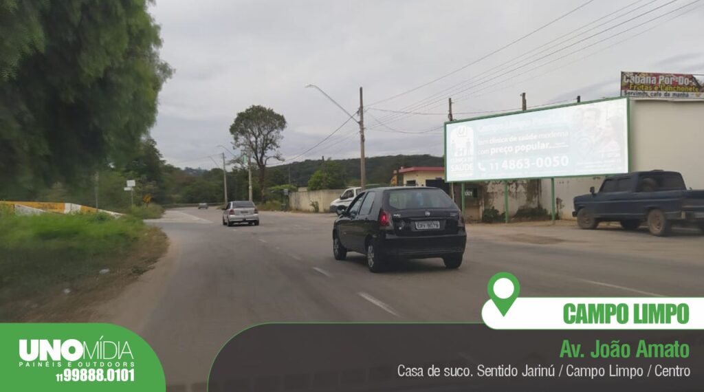 Outdoor da Unomídia em Campo Limpo, localizado na Av. João Amato, próximo à Casa de Suco, sentido Jarinu / Campo Limpo / Centro.