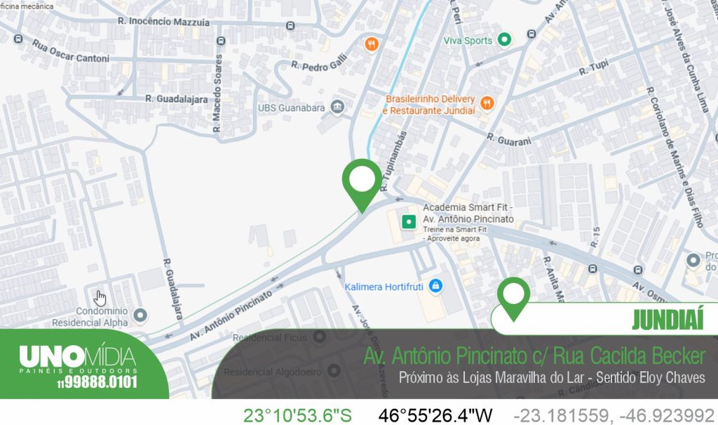Outdoor localizado na Avenida Antônio Pincinato, no cruzamento com a Rua Cacilda Becker, próximo às Lojas Maravilha do Lar, em Jundiaí, sentido Eloy Chaves.