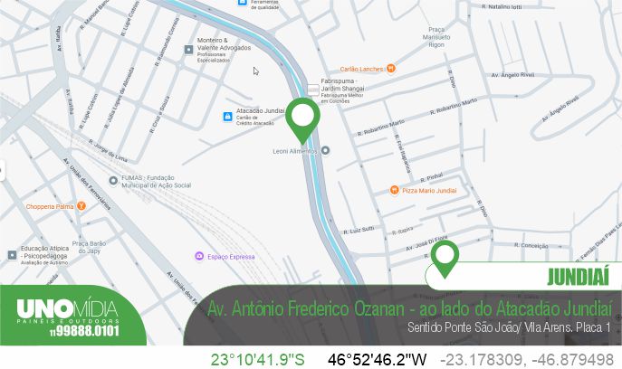 Outdoor localizado na Avenida Antônio Frederico Ozanam, ao lado do Atacadão Jundiaí, com alto fluxo de veículos no sentido Ponte São João e Vila Arens.