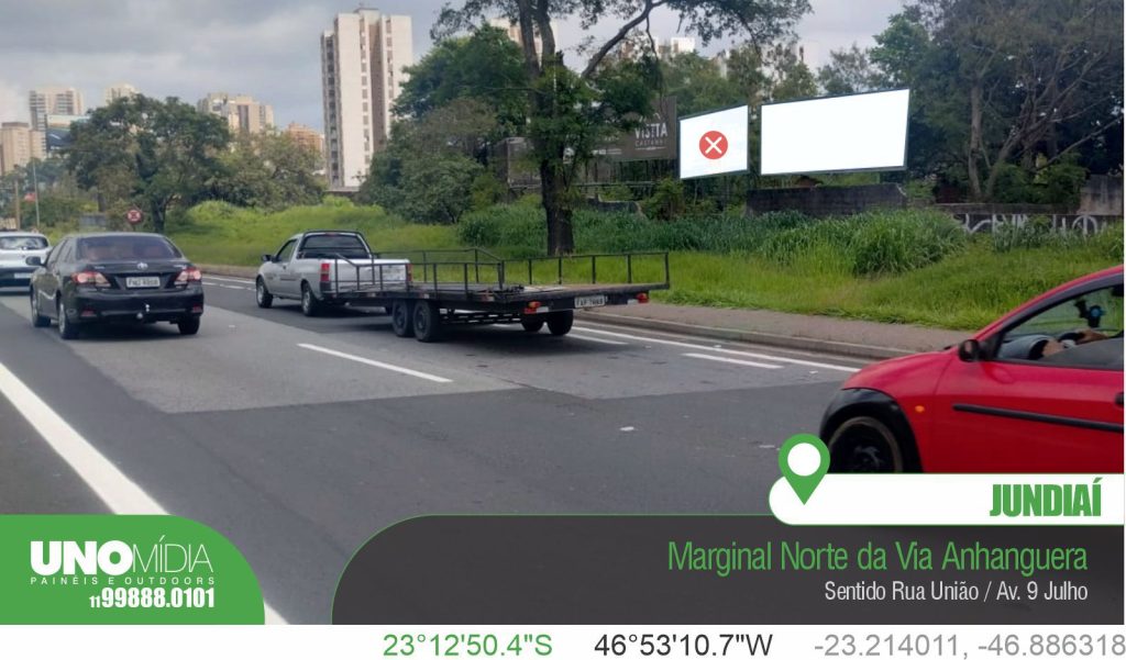 Outdoor localizado Marginal Norte da Via Anhanguera, Sentido Rua União / Av. 9 de Julho, com alto fluxo de veículos.