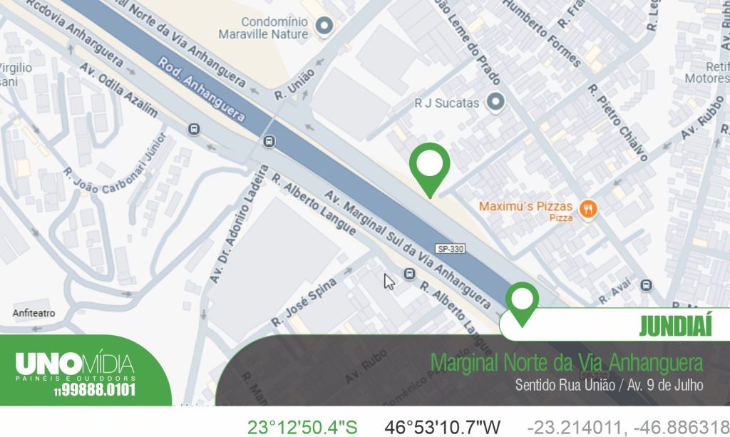 Outdoor localizado Marginal Norte da Via Anhanguera, Sentido Rua União / Av. 9 de Julho, com alto fluxo de veículos.
