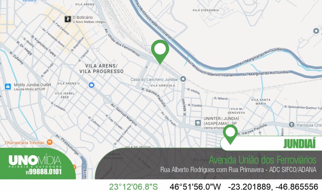 Outdoor localizado na Avenida Antônio Frederico Ozanam, ao lado do Atacadão Jundiaí, com alto fluxo de veículos no sentido Ponte São João e Vila Arens.