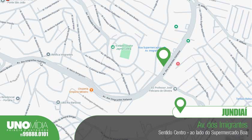 Ponto de mídia exterior em Jundiaí na Av. dos Imigrantes Italianos, sentido Centro, ao lado do Supermercado Boa