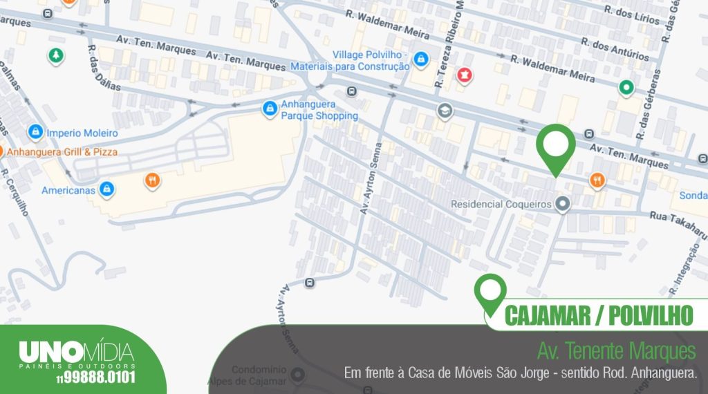 Mapa de localização do outdoor na Av. Tenente Marques, em frente à Casa de Móveis São Jorge, Cajamar/Polvilho